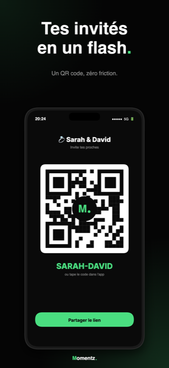 Écran d'invitation Momentz avec QR code